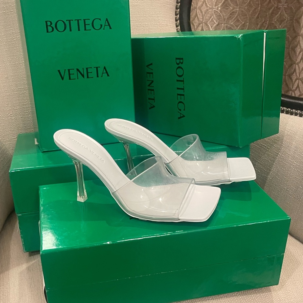 Bottega Veneta White Clear-Strap Mule Heels